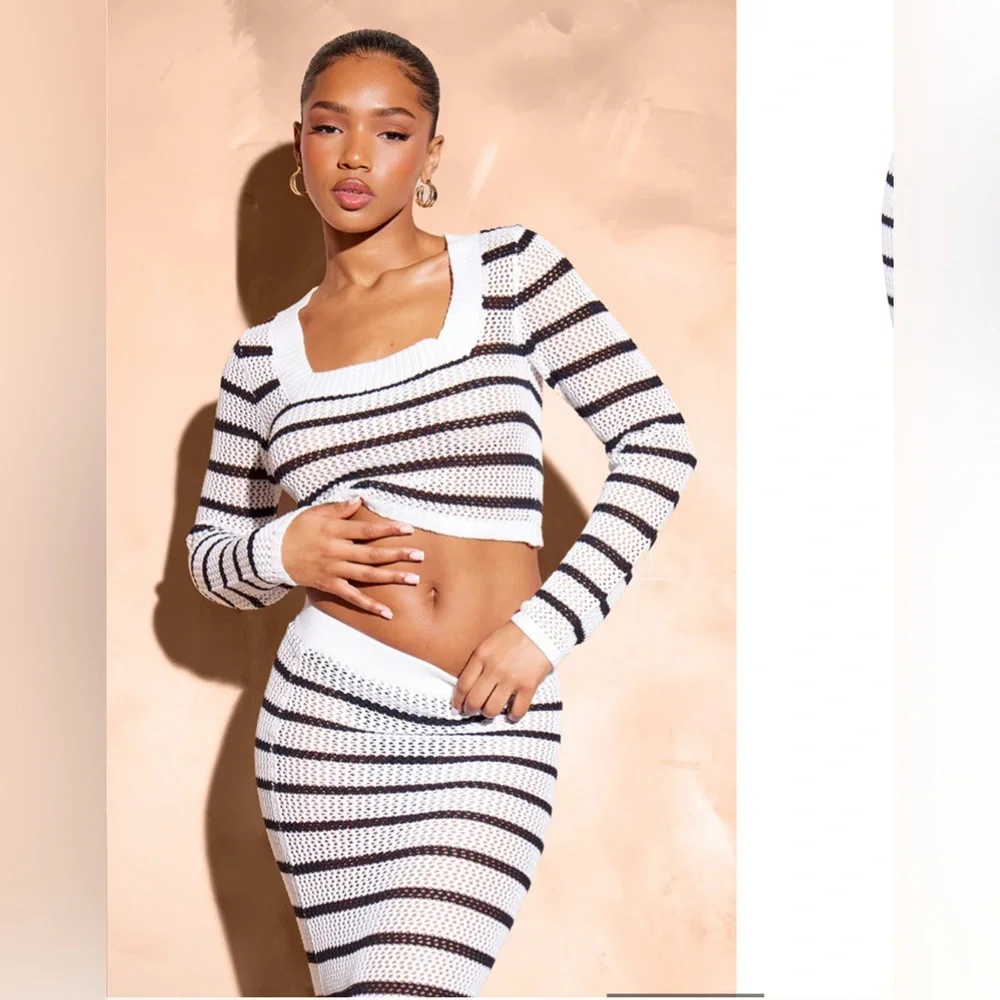 Prettylittlething PLT maxi skirt Small‎ stripe crochet knit beach bodycon sheer